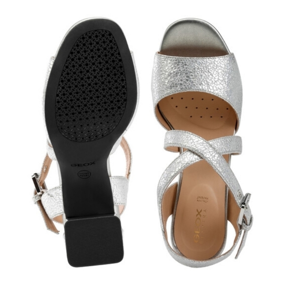 Geox Metallic Silver Rhinestone Jeweled Block Ankle Strap Heels NWT - Picture 11 of 16